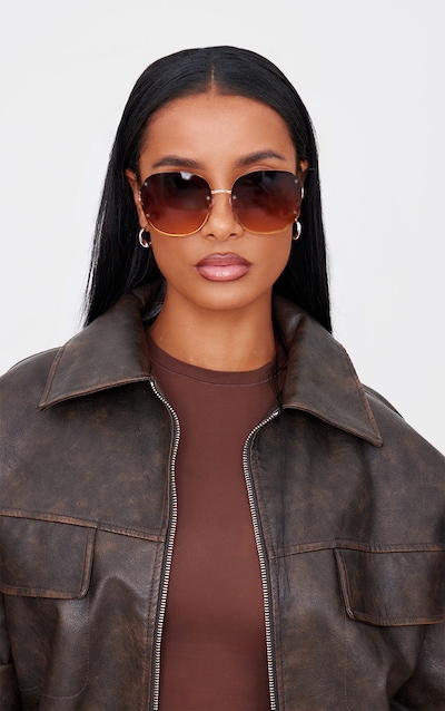 Brown Rimless Oversized Rounded Sunglasses
