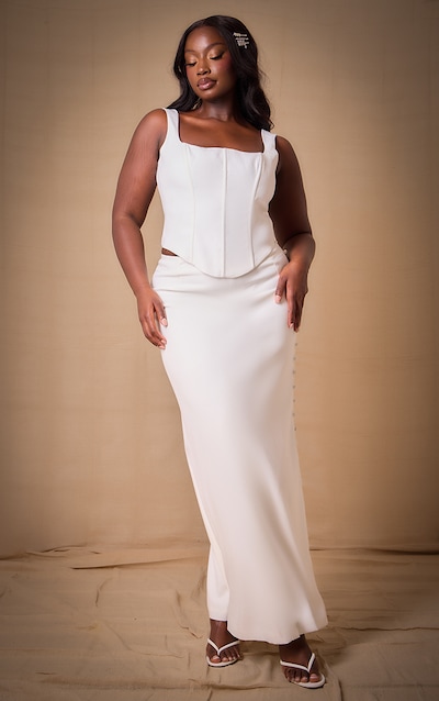 Premium Plus White Woven Button Detail Maxi Skirt