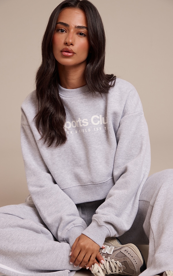 Petite Ash Grey Sports Club Print Cropped Sweatshirt