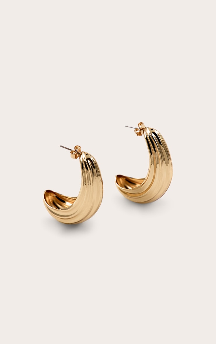 Gold Curved Textured Hollow Hoop Earrings image 2