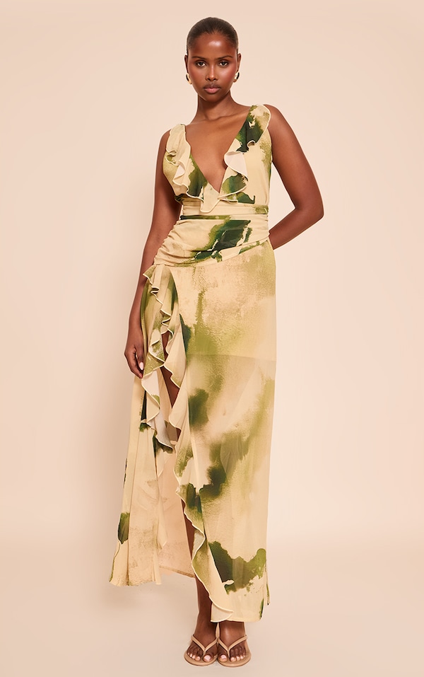 Green Floral Chiffon Frill Plunge Strappy Maxi Dress