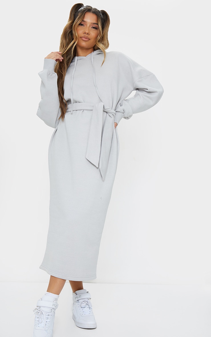 Grey Waist Tie Long Sleeve Midi Sweat Jumper Dress