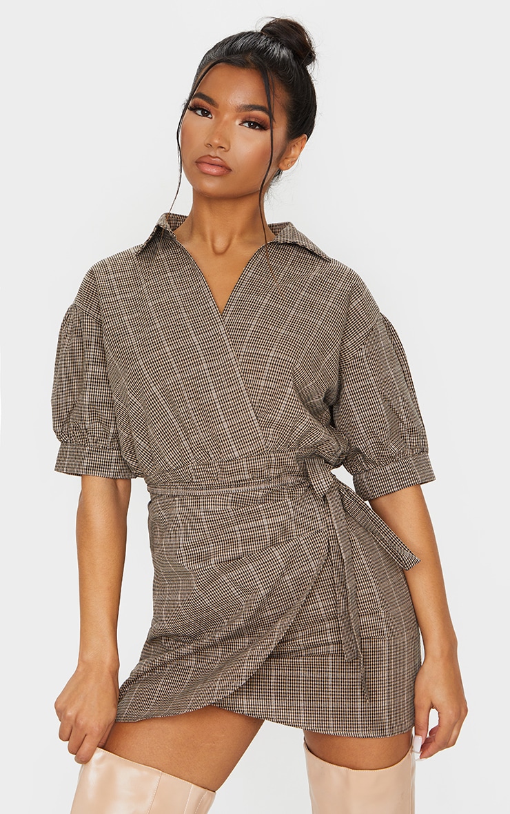 Beige Check Print Puff Sleeve Wrap Front Bodycon Dress