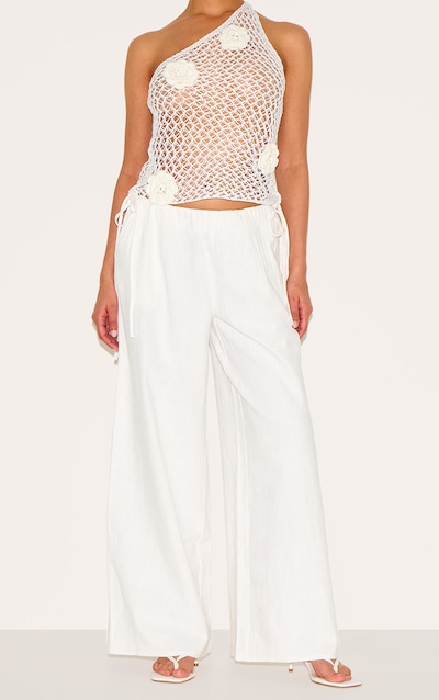 Petite White Premium Linen Look Wide Leg Side Tie Detail Pants