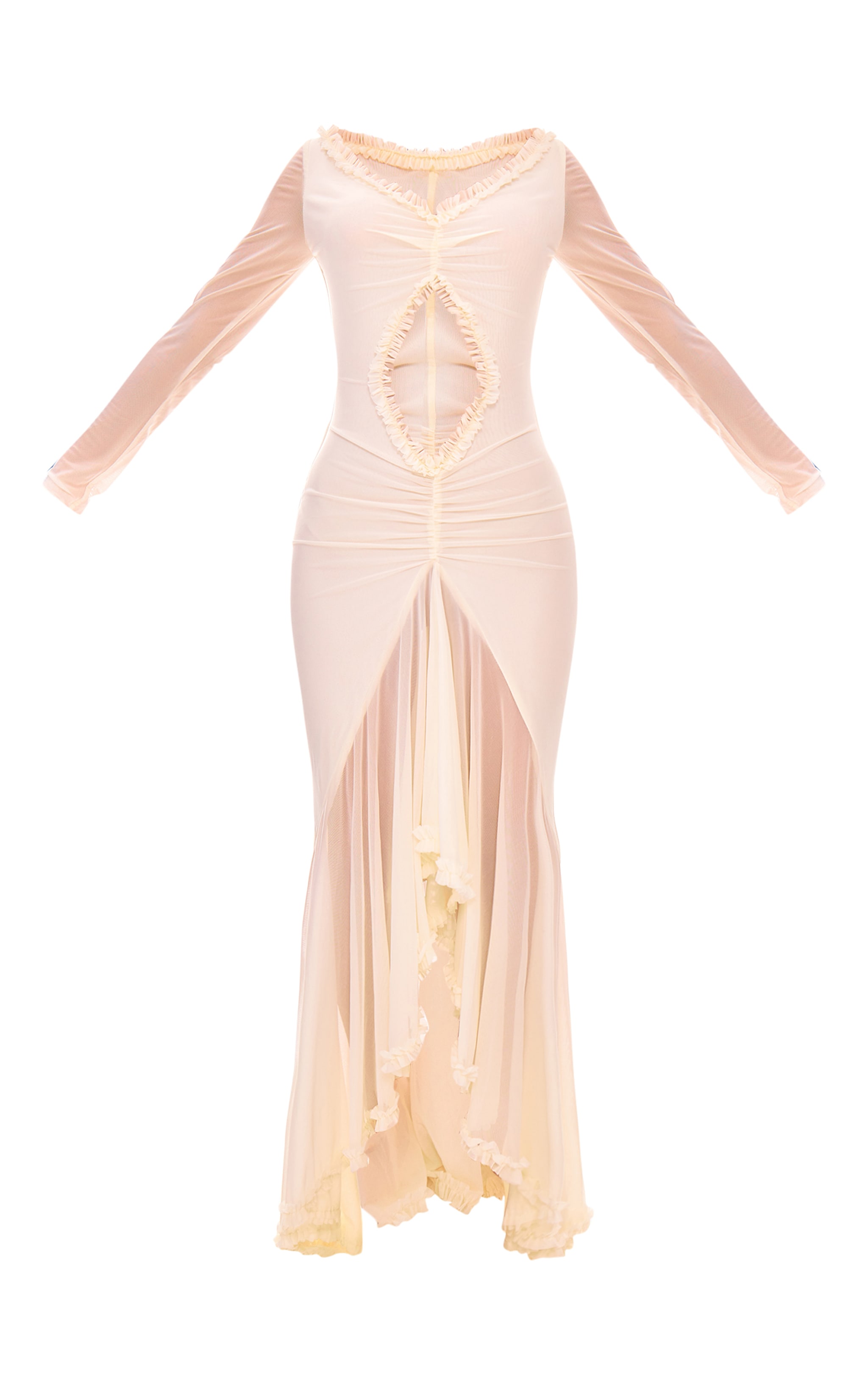 Cream Mesh Long Sleeve Frill Detail Cut Out Maxi Dress image 5