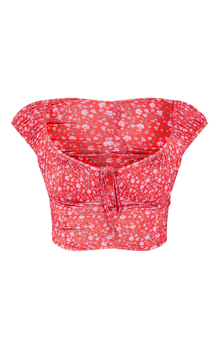 Red Ditsy Floral Print Slinky Ruched Bust Top image 5