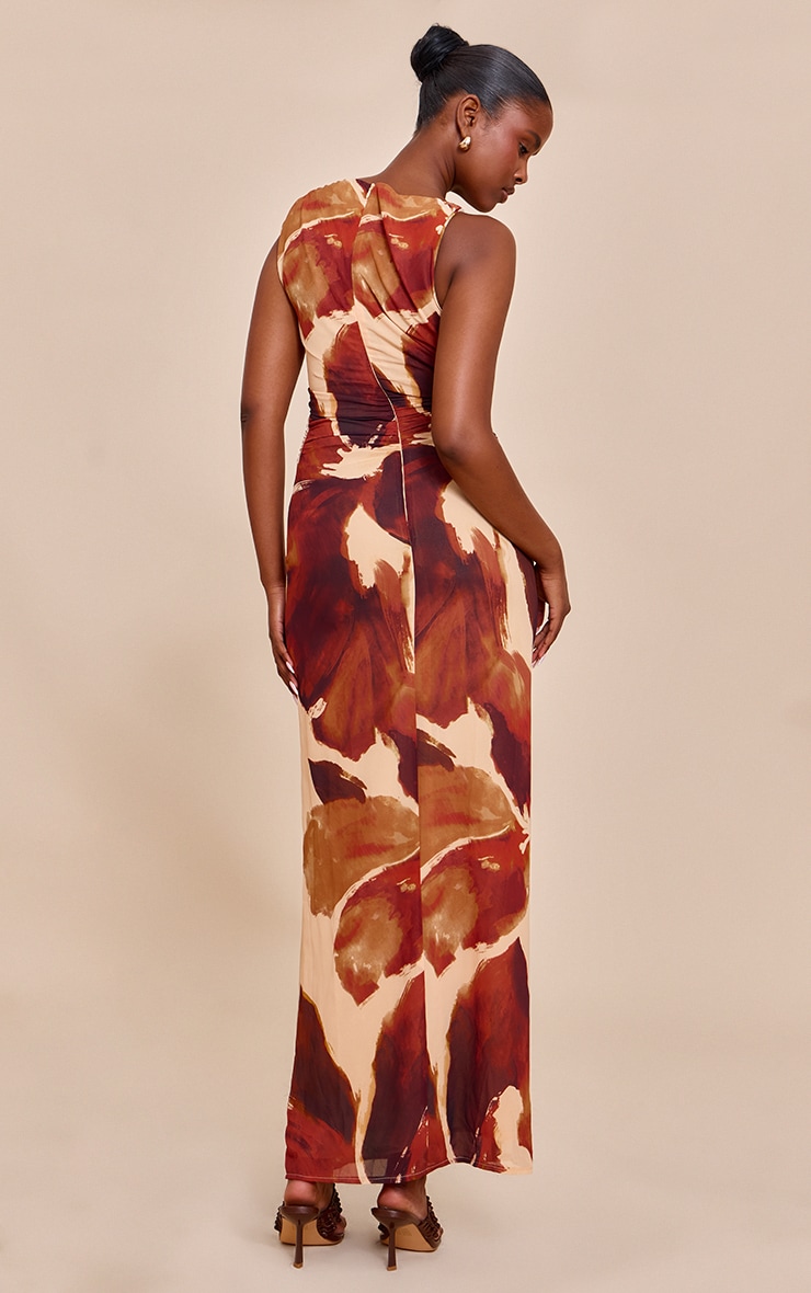 Brown Floral Printed Floral Chiffon Ruched Maxi Dress image 2
