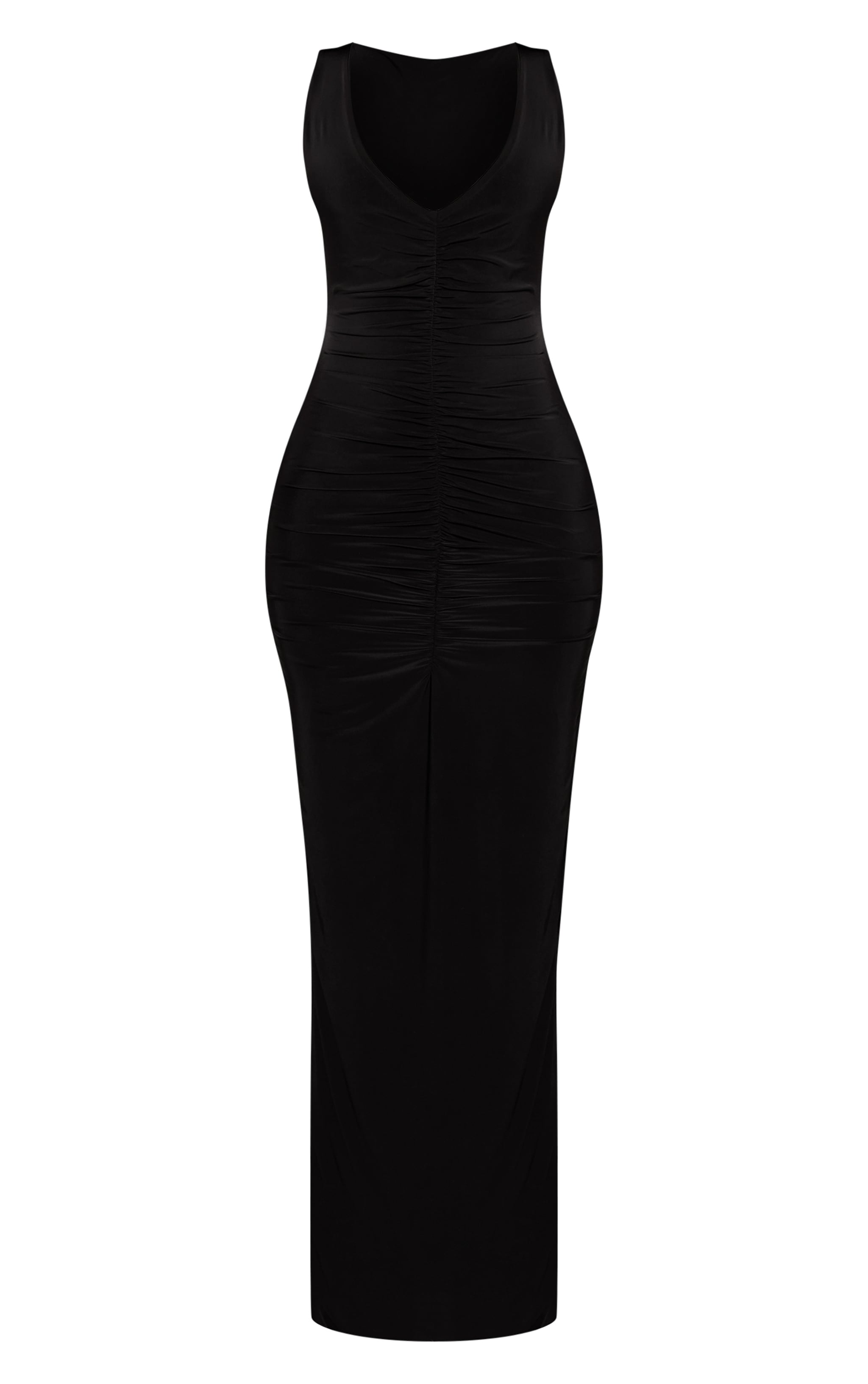 Petite Black Ruched Front V Neck Slinky Maxi Dress image 5