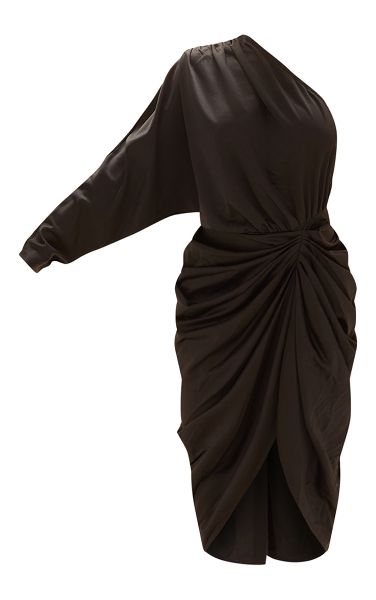 Black Satin One Shoulder Draped Midi Dress Dresses PLT KSA