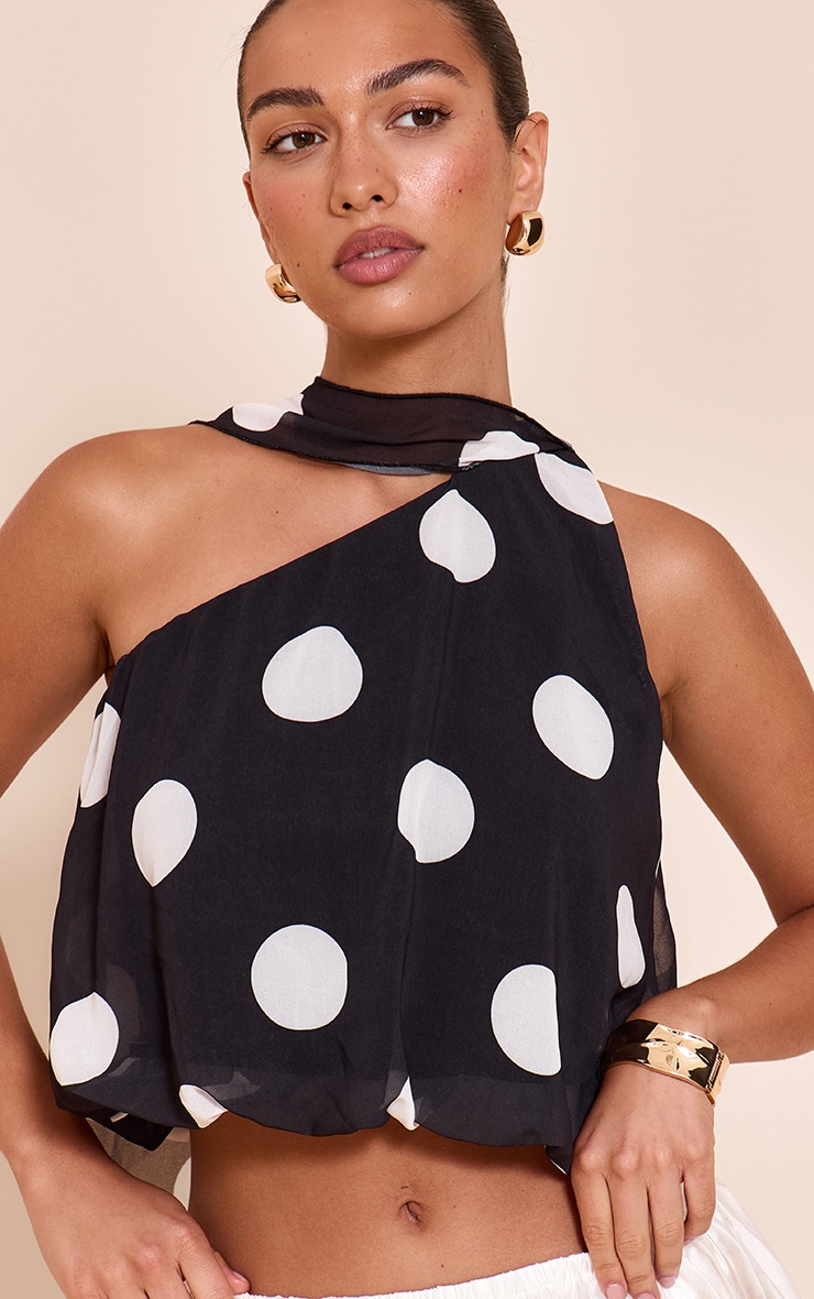 Black Polka Dot Print Chiffon Scarf Detail Puffball image 4