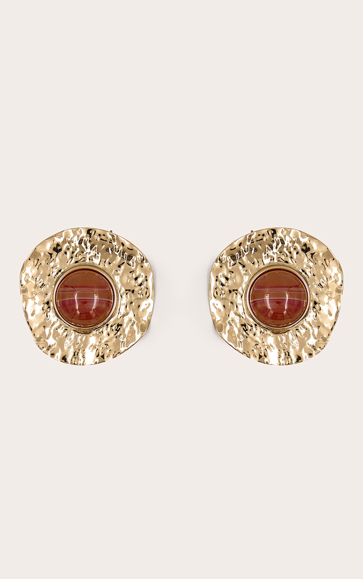 Gold Hammered Smokey Brown Resin Statement Earrings image 2