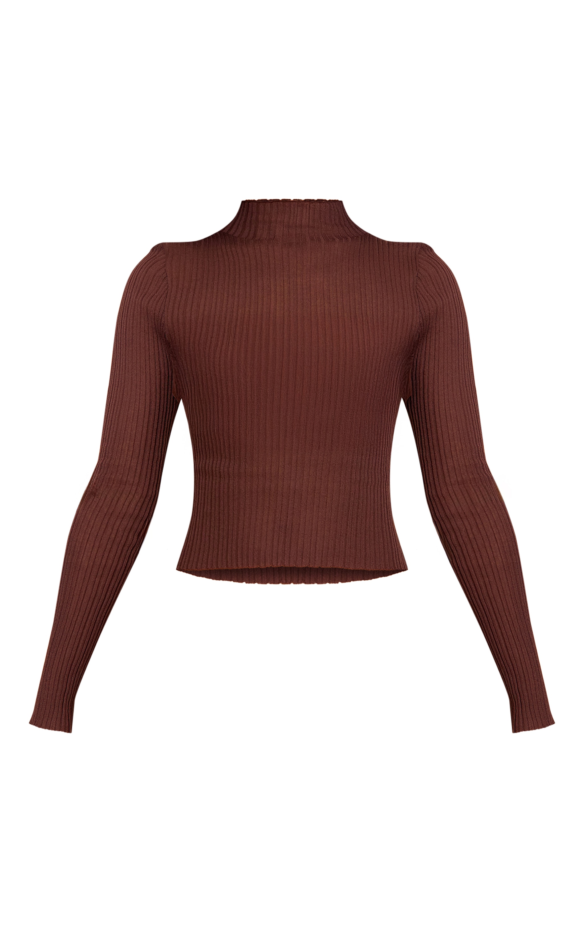 Petite Brown Sheer Knit Long Sleeve High Neck Top image 5