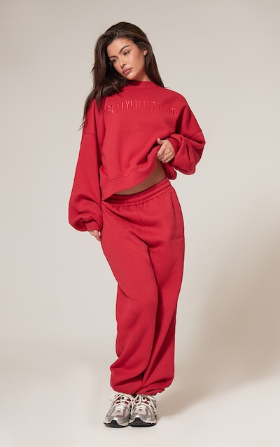 PRETTYLITTLETHING Red Oversized Embroidered Cuffed Sweatpants