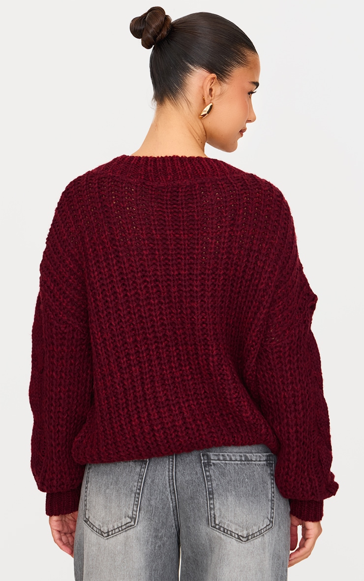 Burgundy Marl Knit Distressed Detail Chunky Cable Sweater image 2