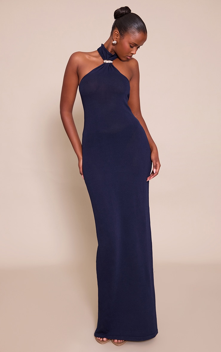 Navy Trim Halter Neck Knitted Maxi Dress