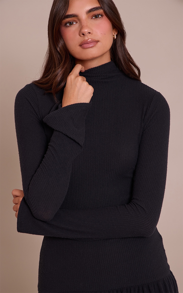 Black Brushed Rib High Neck Long Sleeve Shift Dress image 4