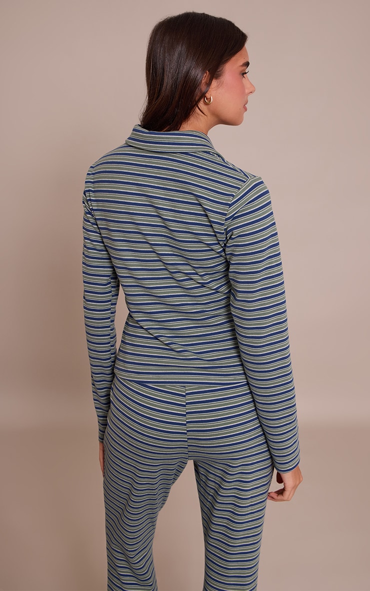 Green Soft Fleece Pinstripe Collar Detail Long Sleeve Top  image 2