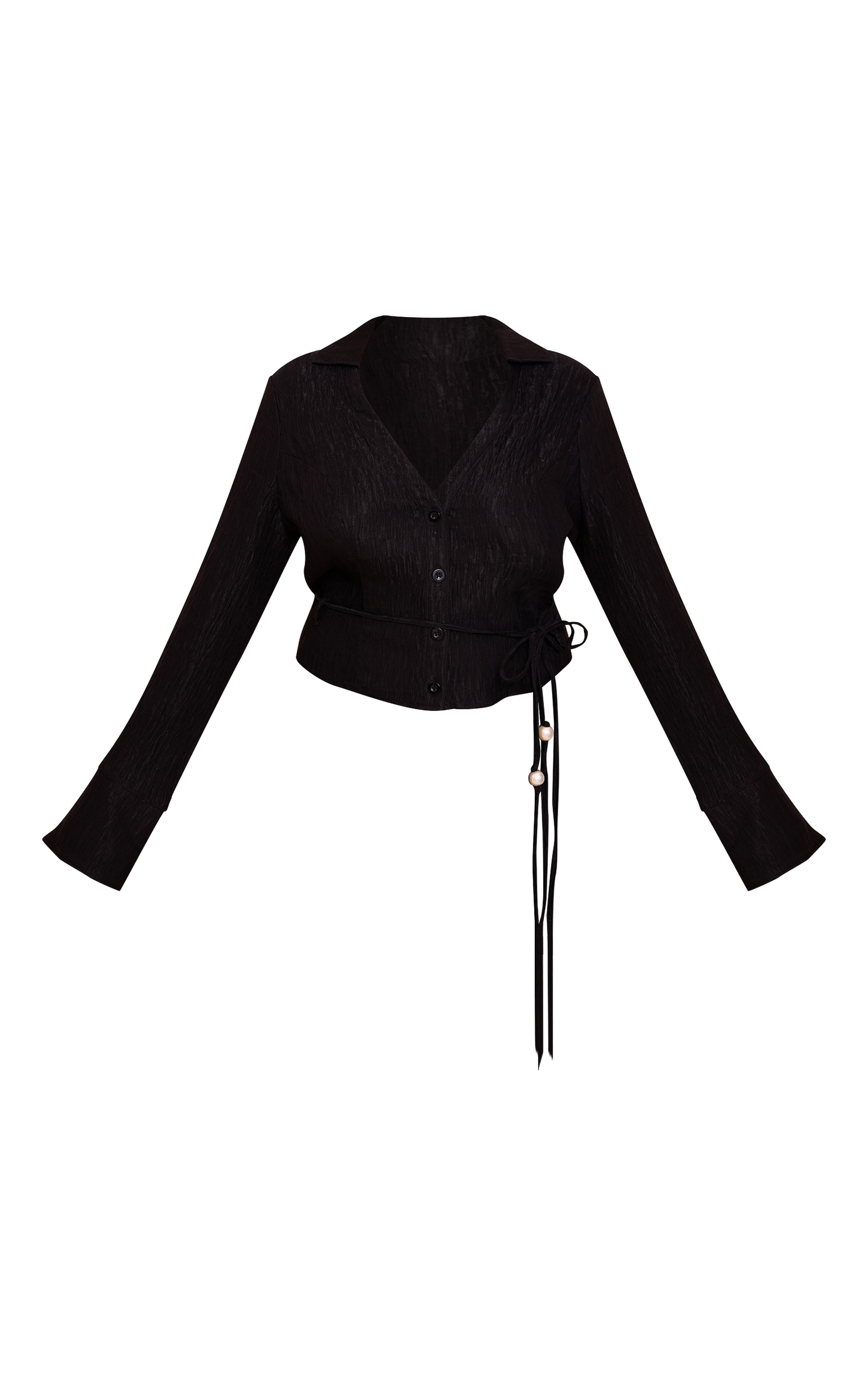 Plus Black Crinkle Textured Bead Detail Fitted Shirt image 5