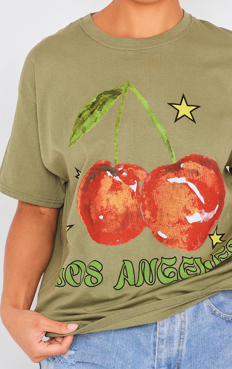 Khaki Los Angeles Cherry Print Oversized T Shirt | Tops