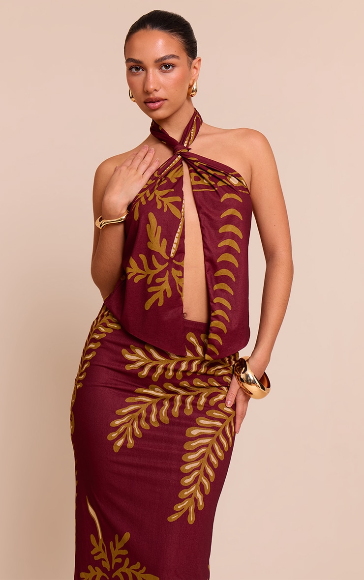 Rust Palm Print Chiffon Knot Halter Top image 1