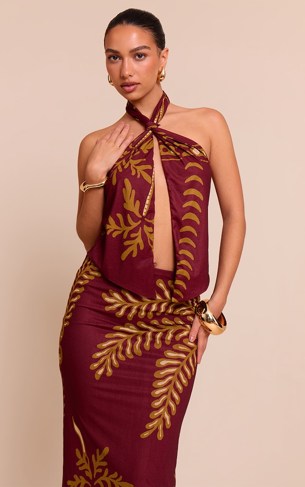  Rust Palm Print Chiffon Knot Halter Top
