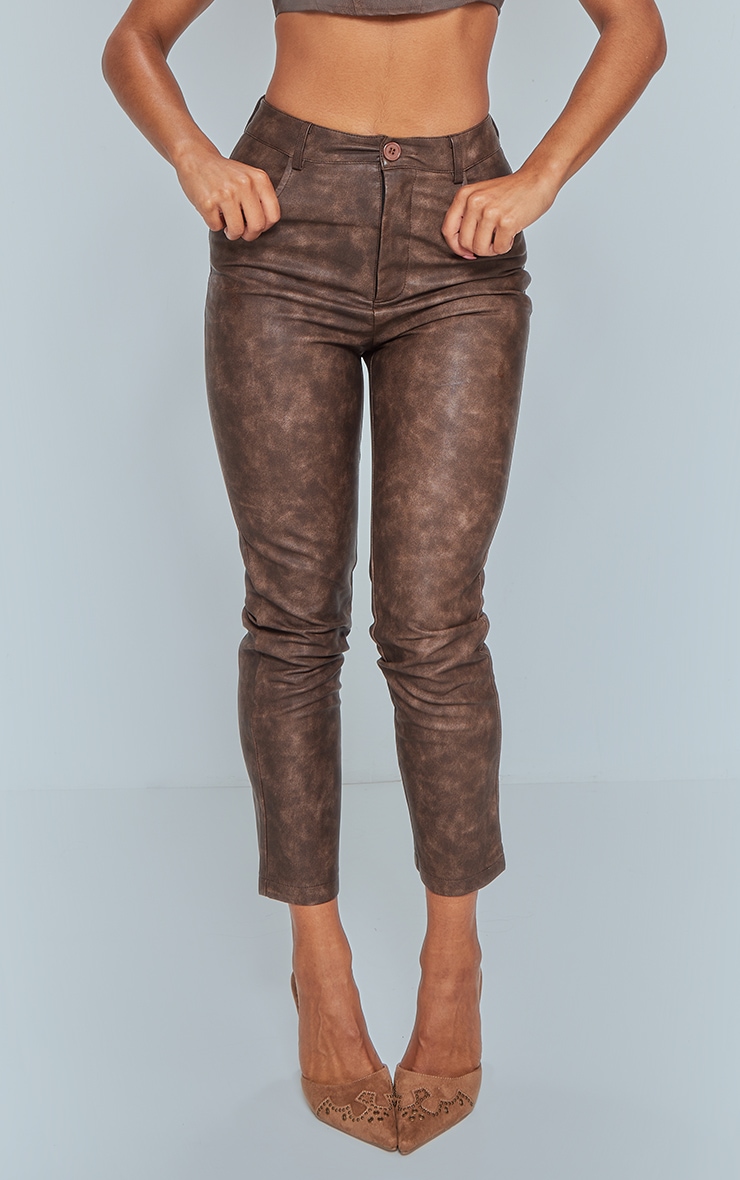 Premium Brown Washed Faux Leather Cropped Trousers image 2