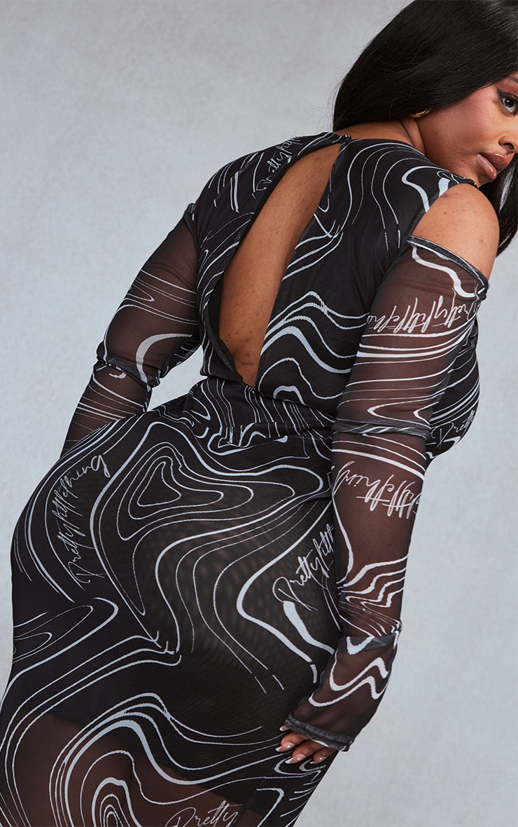 Plus Black Printed Mesh Cold Shoulder Maxi Dress image 4