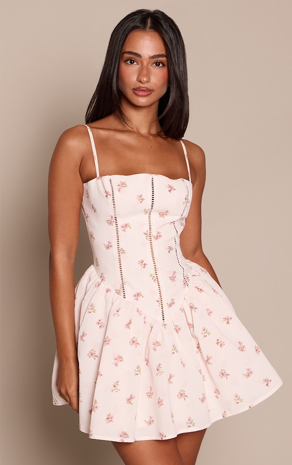 Petite Pink Floral Square Neck Dropped Waist Shift Mini Dress