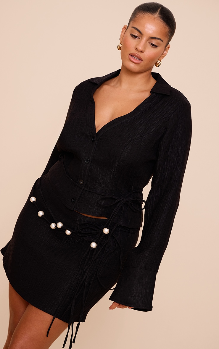 Plus Black Crinkle Textured Bead Detail Fitted Shirt image 1