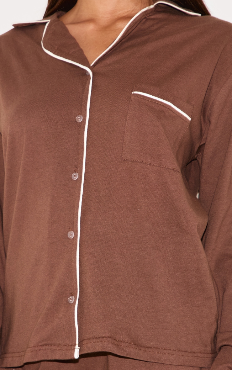 Chocolate Jersey Contrast Piping Detail Long Pj Set image 4