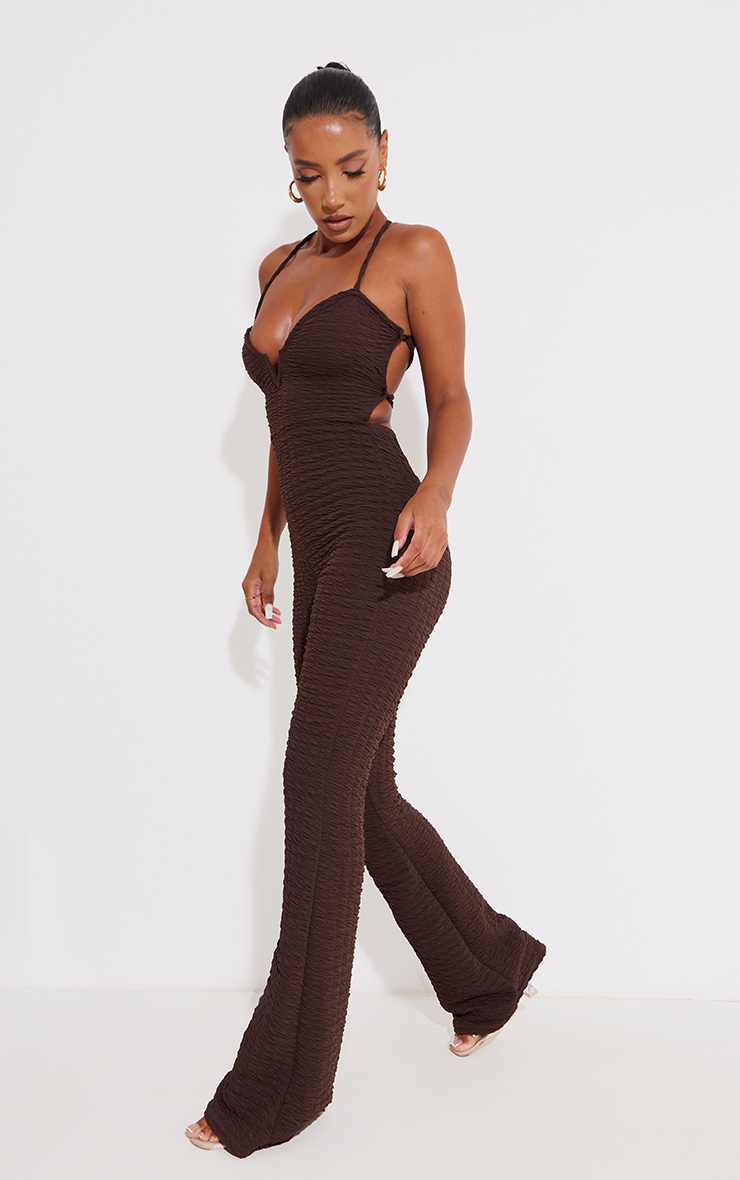Chocolate Textured V Bar Lace Back Flared Jumpsuit image 3
