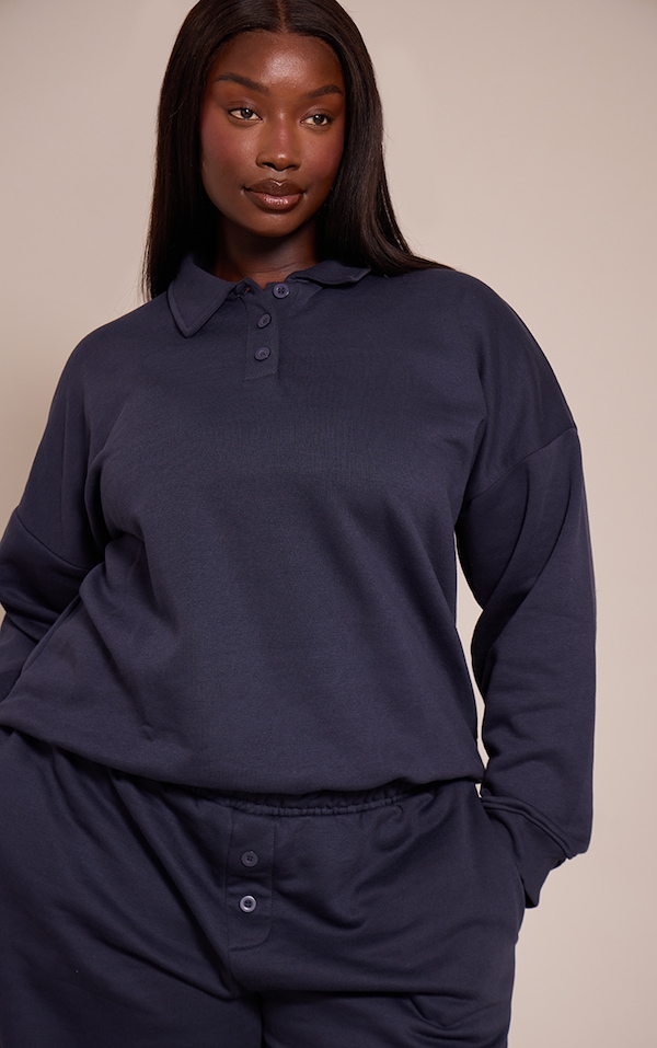 Plus Navy Button Up Long Sleeve Polo Sweatshirt