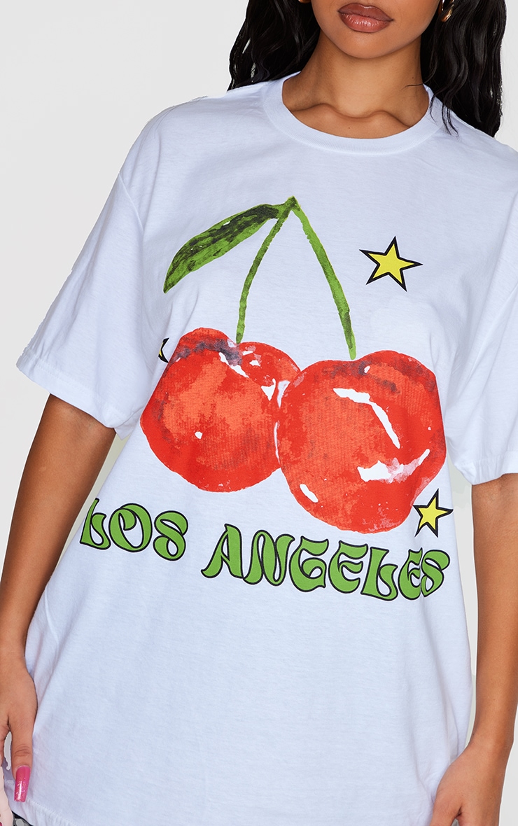 White Los Angeles Cherry Print Oversized T Shirt image 4