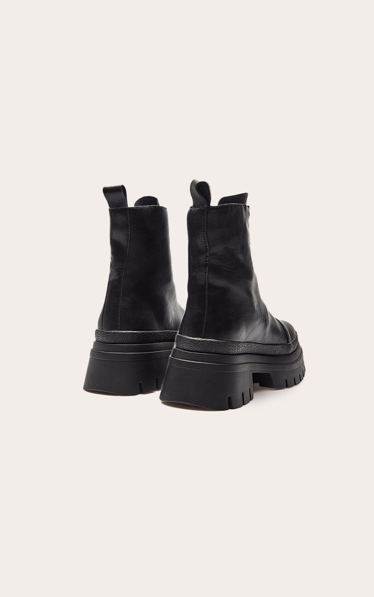 Black Faux Leather Zip Front Chunky Chelsea Boots image 4