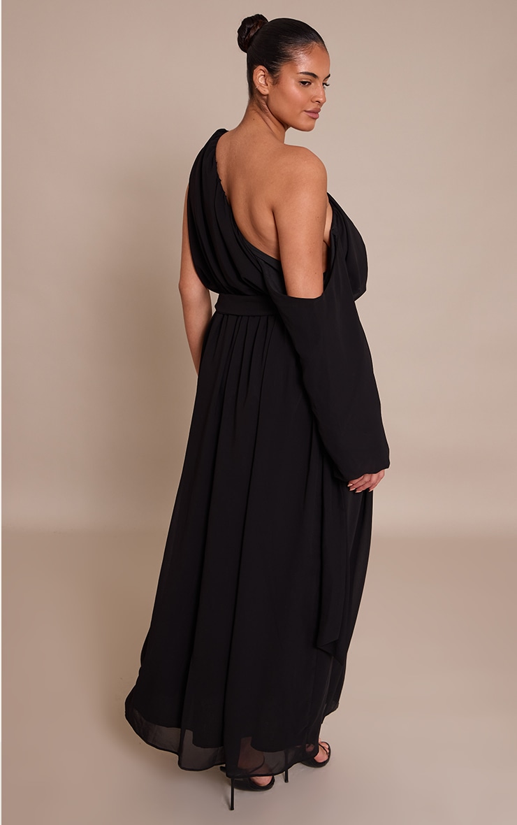 Plus Robe longue en mousseline de soie noire drapée à manches longues image 2