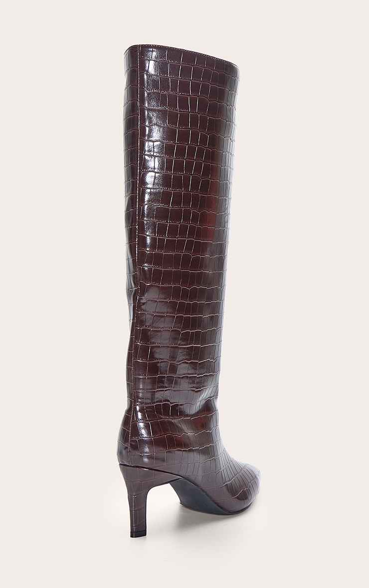 Chocolate Croc Kitten Heel Knee High Boot image 4