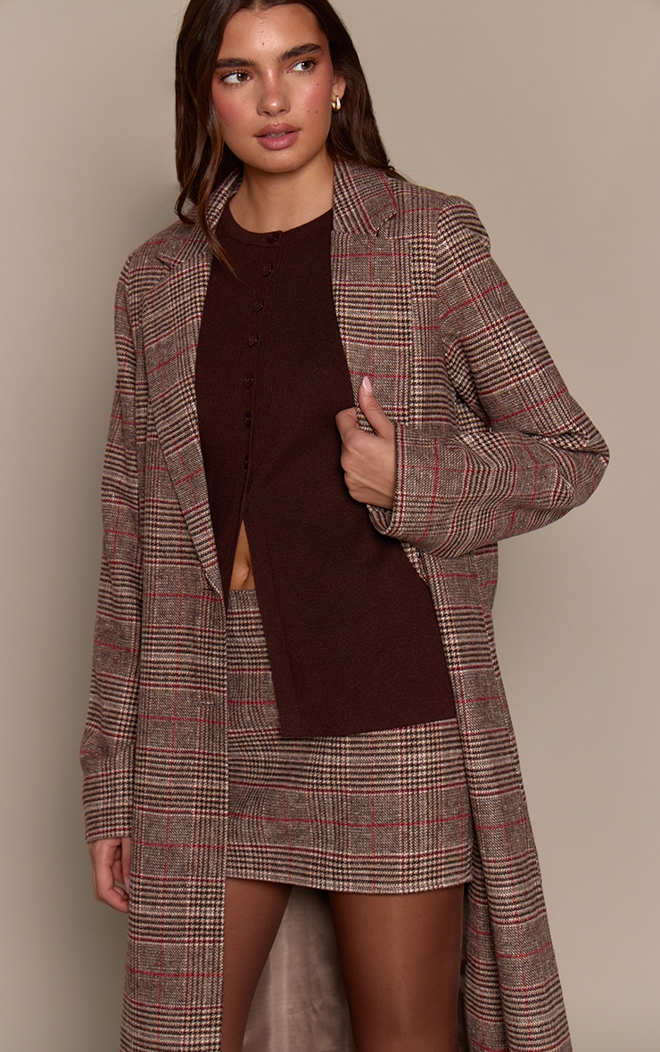 Brown Tartan Wool Look Mini Skirt