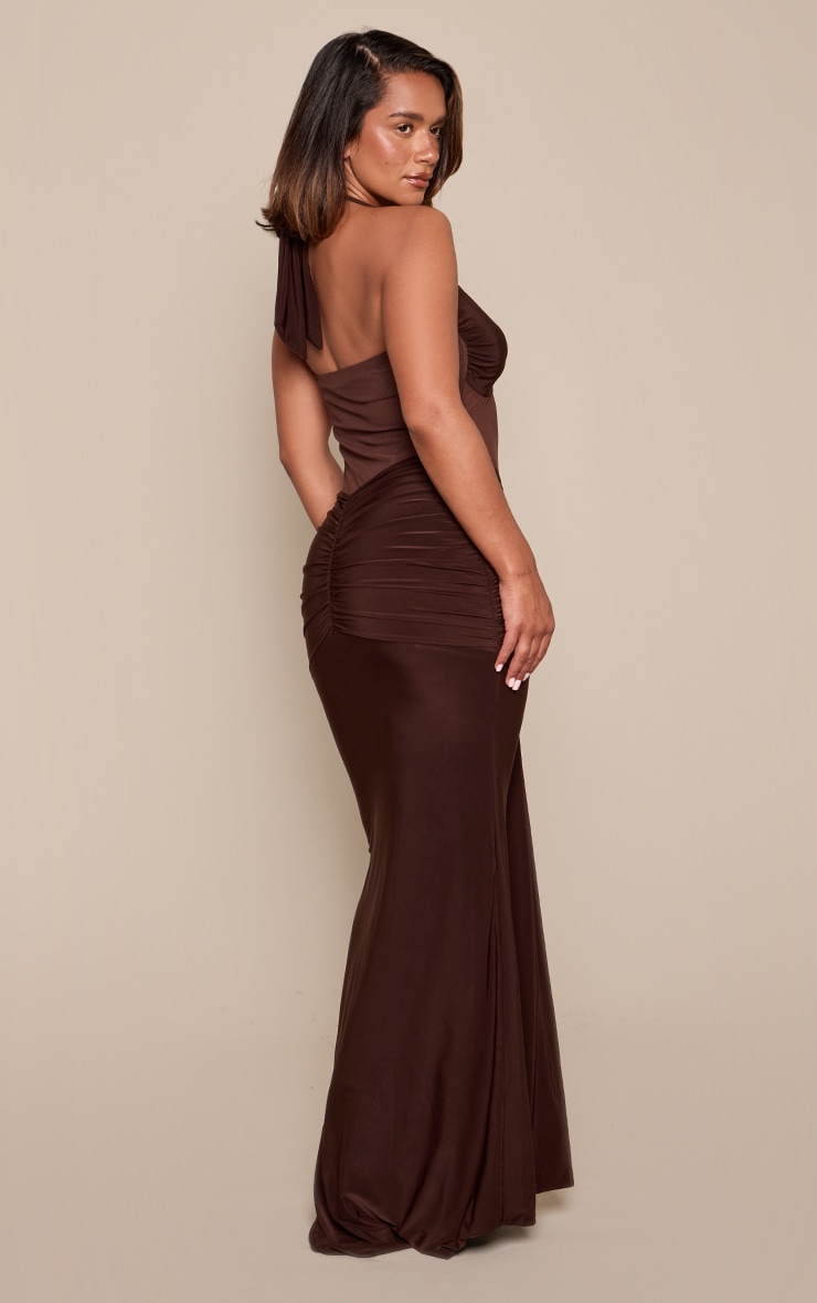 Shape Chocolate Slinky Mesh Panel Drape Detail Halterneck Maxi Dress image 2