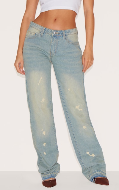 Faded Vintage Wash Splattered Effect Straight Leg Jeans