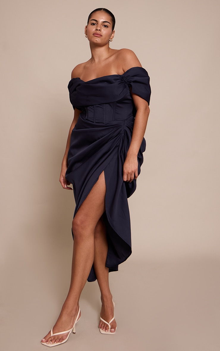Plus Navy Corset Bardot Draped Midi Dress image 1