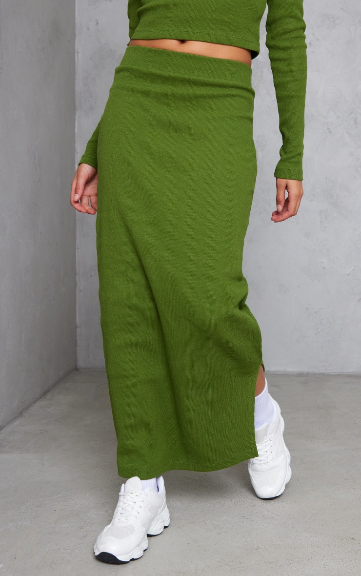 Khaki Rib Split Hem Midaxi Skirt image 2