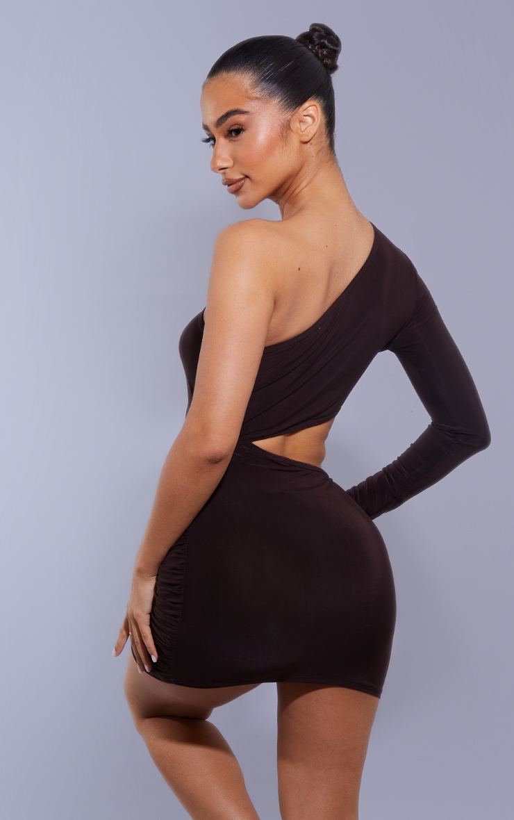 Petite Chocolate Slinky One Shoulder Waist Cut Out Ruched Bodycon image 2