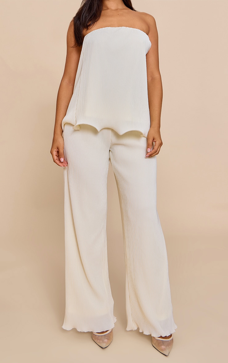 Petite Cream Plisse Frill Edge Wide Leg Pants image 2
