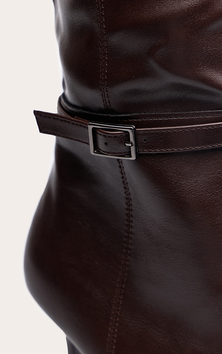Chocolate Faux Leather Buckled Heeled Knee High Boot image 5
