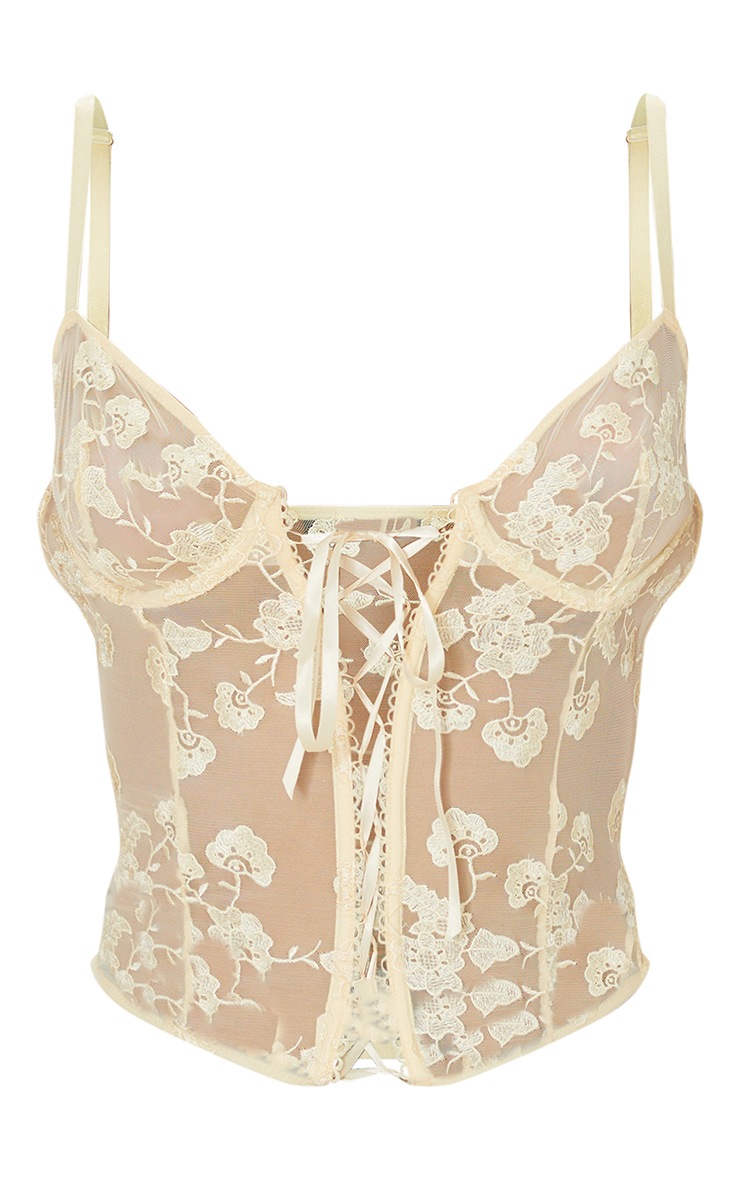 Cream Mesh Floral Embroidered Lace Up Corset image 1