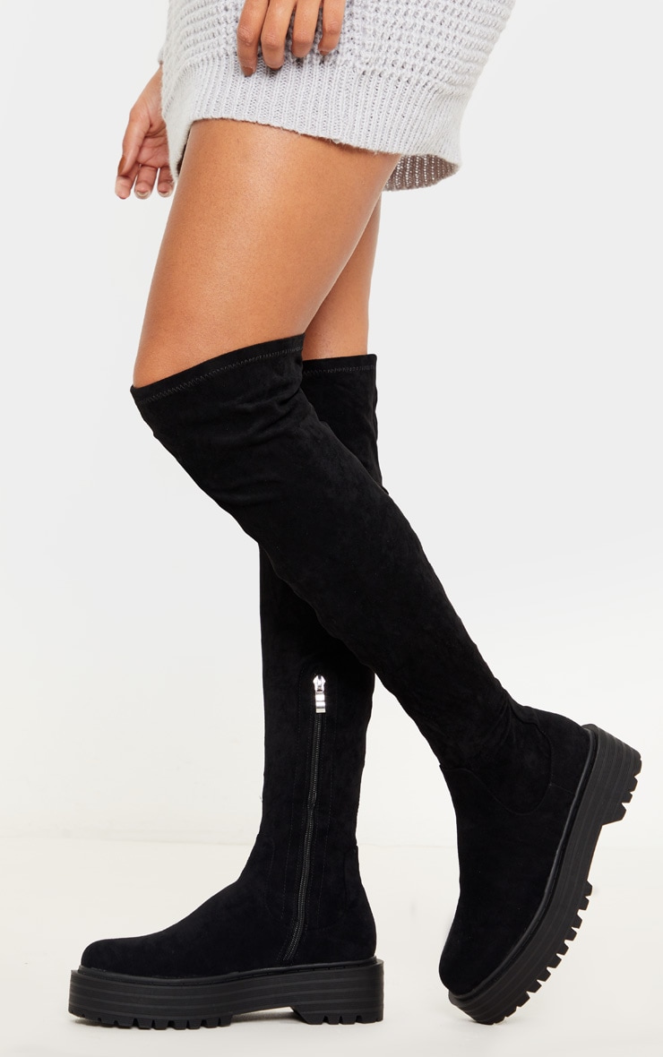 Black Double Sole Cleated Thigh High Sock Boot