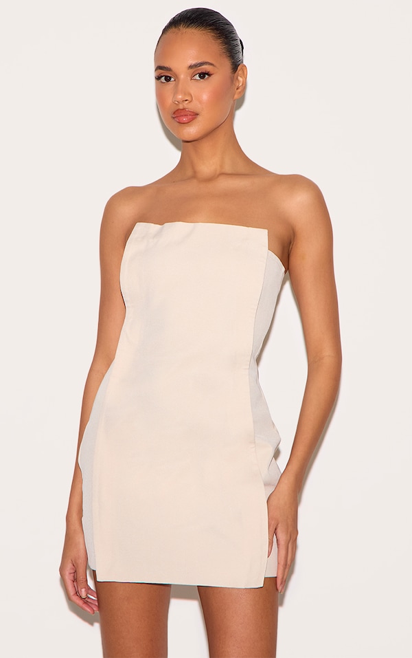  Almond Woven Panel Detail Bandeau Mini Dress
