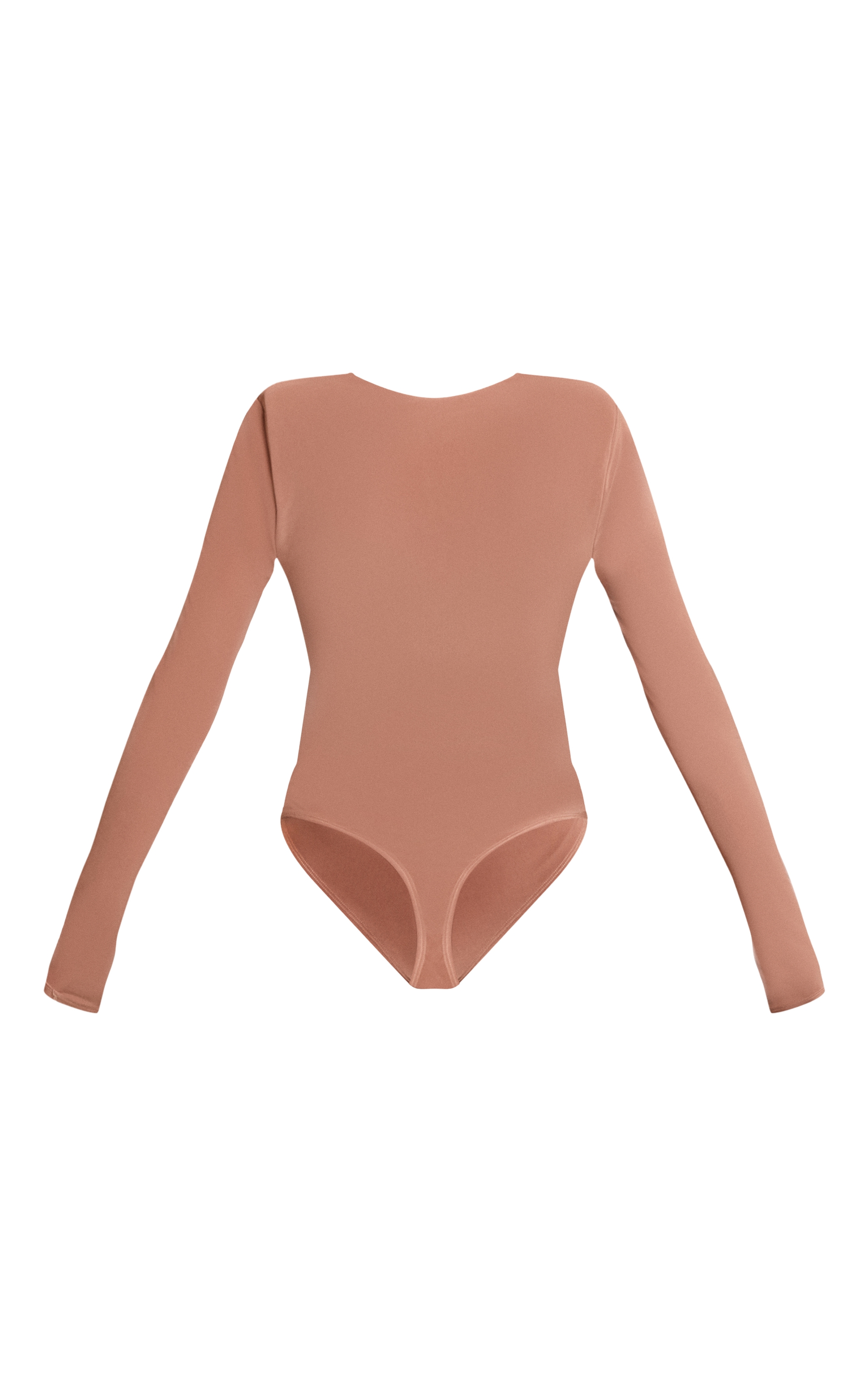 Tan Double Layer Slinky Cowl Neck Long Sleeve Bodysuit image 6