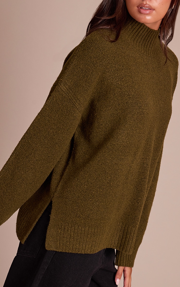 Khaki Oversized Polo Neck Knitted Sweater image 4