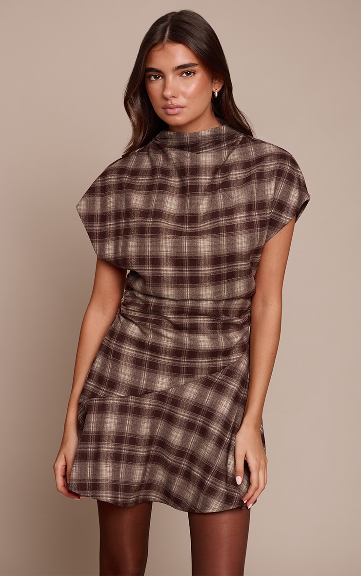 Brown Check Boat Neck Ruched Detail Shift Dress